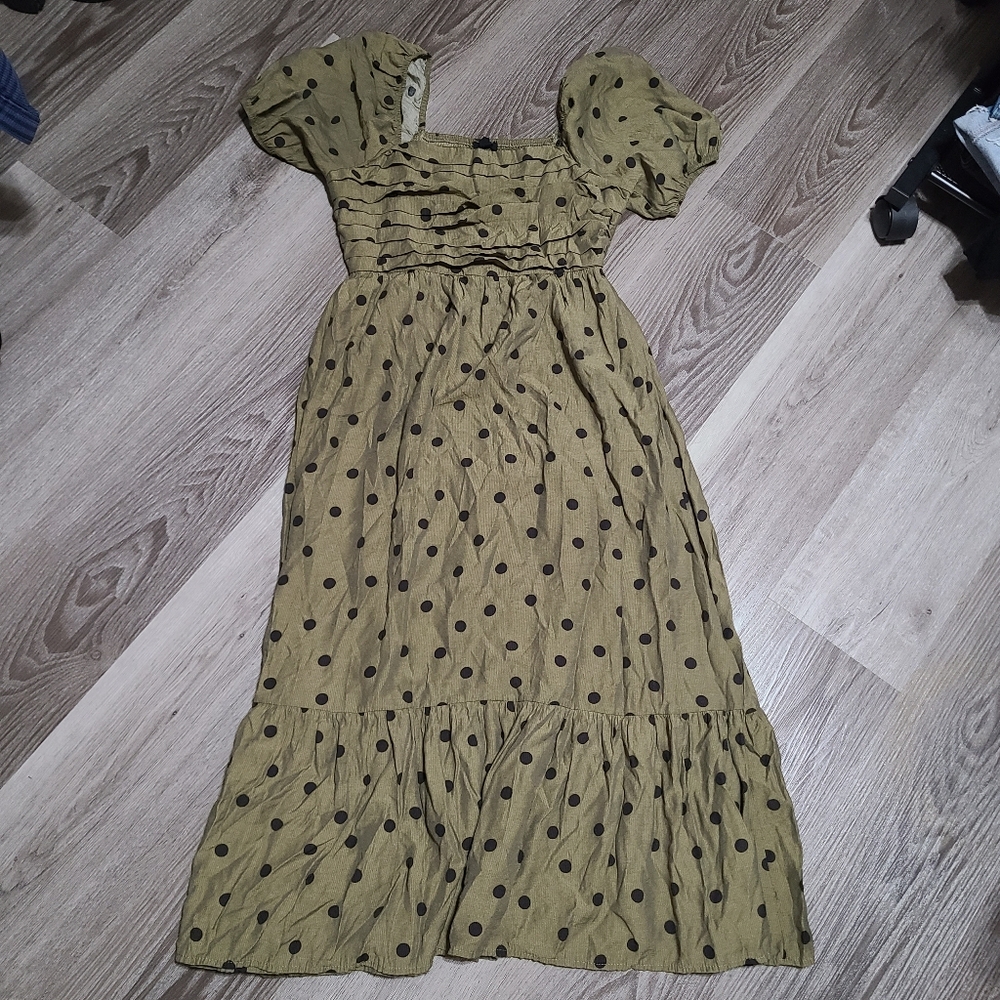 Green With Black Polka Dot Puff Sleeve Dress Size M